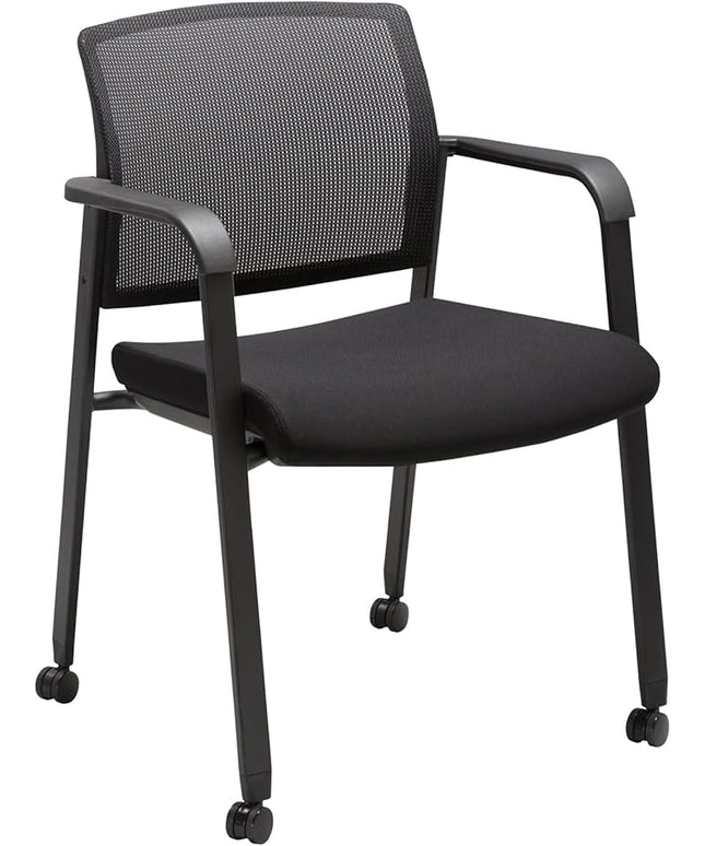 CLATINA Black Waiting Room Chair with Wheels Mesh Back Stacking Arm Chairs with Upholstered Fabric Seat and Ergonomic Lumbar Support for Office School Church Guest Reception