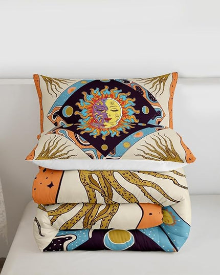 Sun Moon Trippy Comforter Set Twin, Star Galaxy Boho Exotic Bedding Set 2pcs for Kids Teens Adults Room Decor, Geometric Creative Quilt Set, Colorful Bright Duvet Insert with 1 Pillowcase