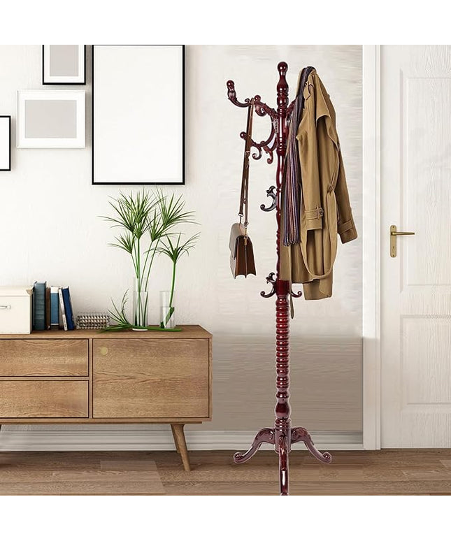 Coat Racks Free Standing with 14 Hooks, Natural Wood Coat Stands for Entryway, Adjustable Height 73 in Tree Coat Rack Stand for Hallway Home Office Bedroom (Mahogany triangle)