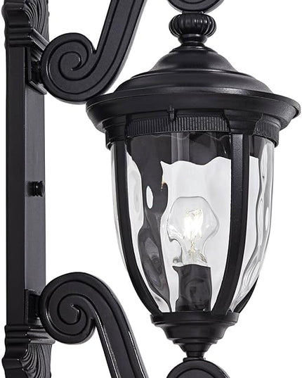 John Timberland Bellagio European Outdoor Wall Light Fixture Texturized Black Dual Scroll Arm 24" Clear Hammered Glass for Exterior House Porch Patio Outside Deck Garage Front Door Garden Home