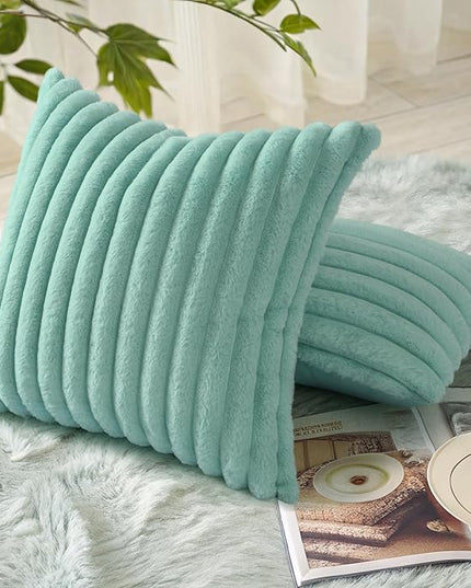 decorUhome Faux Fur Spring Throw Pillow Covers 20x20 Set of 2, Decorative Soft Plush Striped Neutral Couch Euro Pillow Covers with Velvet Back for Sofa, Bed, Living Room Home Decor, Aqua