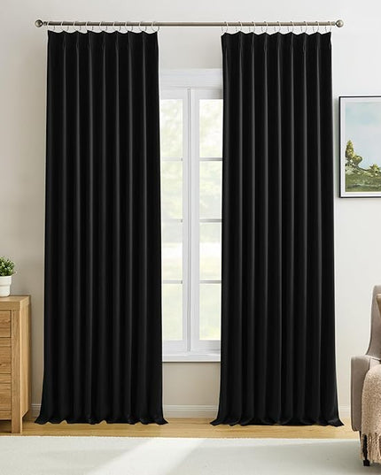 KEQIAOSUOCAI Black Pinch Pleated 60 Inch Wide Curtains 60 x 95, Thermal Insulated Noise Cancelling Living Room Office Drapes 95 Inches Long, Patio Sliding Glass Door Window Curtain 2 Panels