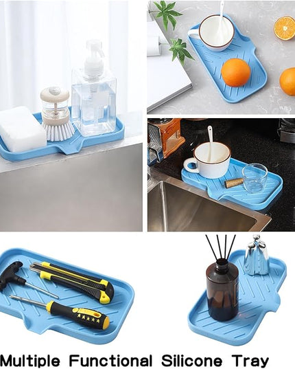 Silicone Bathroom Soap Dishes with Drain Spout-Bathroom and Kitchen Sink Organizer,Sponge Holder,Dish Soap Tray,Perfect for Dispenser,Scrubber,Bottle on Sink or Counter-Light Blue 9.6"×5.3"