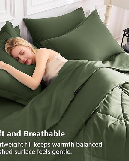 CozyLux King Size Comforter Set Olive Green - 7 Pieces Bed in a Bag King, Luxury Soft Bed Set for All Seasons, Bedding Set with Down Alternative Comforter, Sheets, Pillowcases & Shams