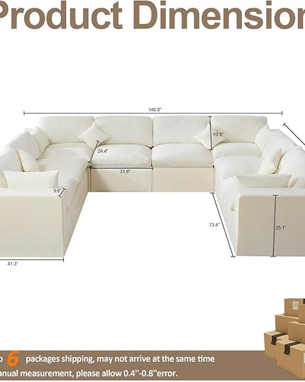 155''Cloud Boneless Sectional Couch, Modular Sectional Sofa Deep Seat, Oversized Upholstered Convertible Comfy 8 Seater Chenille Memory Foam Sofa U Shape Couches for Living Room, Beige