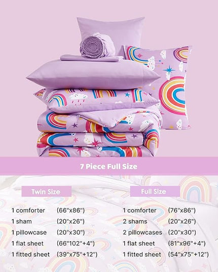 Full Size Comforter Set for Girls-7 Pieces Purple Rainbow Glow in The Dark Full Bedding Sets for Kids, Ultra Soft Bed in A Bag with Sheets