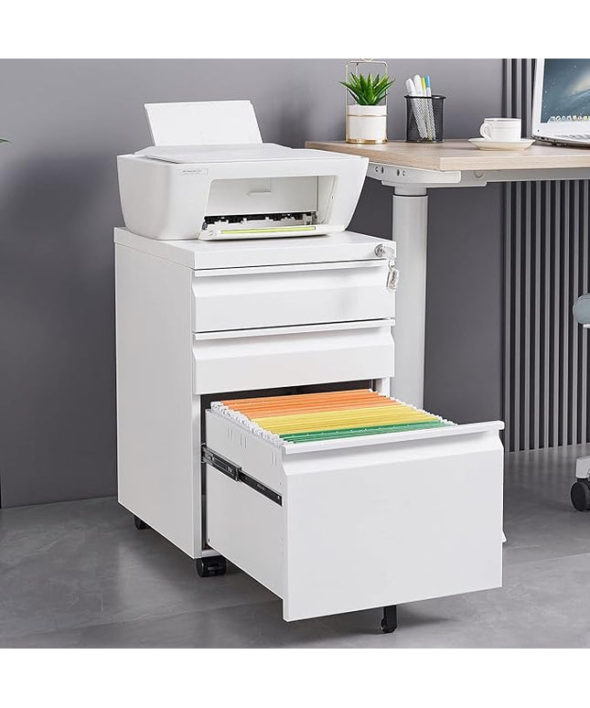 3-Drawer Lockable Mobile File Cabinet – Metal A4/Letter/Legal Size Storage for Home/Office, Pre-Assembled, Space-Saving Under-Desk Cabinet with Wheels (White)