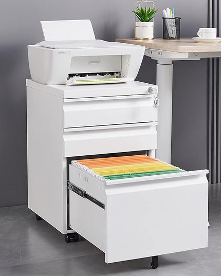 3-Drawer Lockable Mobile File Cabinet – Metal A4/Letter/Legal Size Storage for Home/Office, Space-Saving Under-Desk Cabinet with Wheels[Installation Required] (White-B)