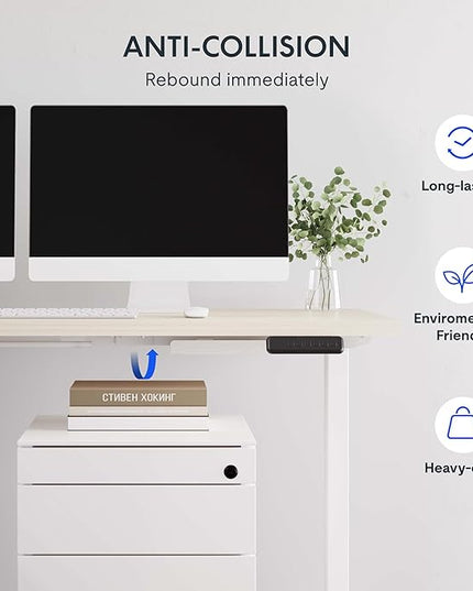FLEXISPOT L Shaped Standing Desk, 63 x 55 Inch Electric Height Adjustable Corner Desk, Sit Stand Computer Workstation, Preset Controller, Home Office, White Frame with Maple Top, White Drawer