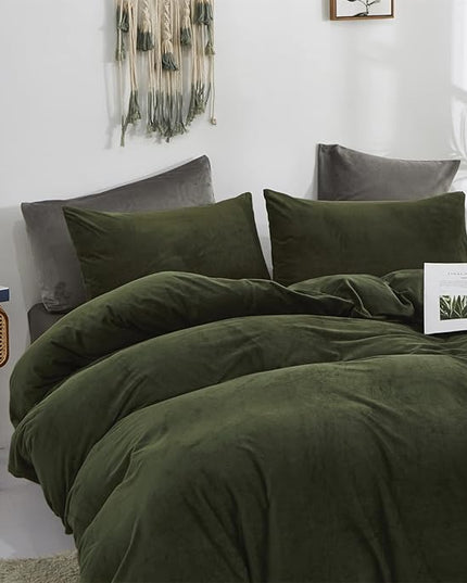Luxlovery Army Green Velvet Comforter Set - Dark Green Flannel Bedding - Modern Winter Warm Comforter Set