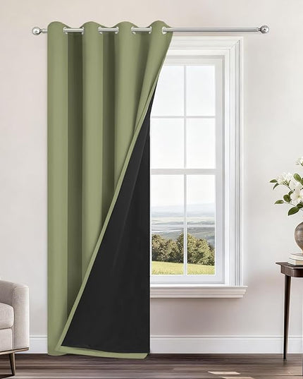 Yakamok 100% Blackout Curtains 96 Inches Long, 2 Thick Layers Heat and Full Light Blocking Soft Thermal Insulated Drapes for Bedroom(52" Wide Each Panel, Sage, 1 Panel)