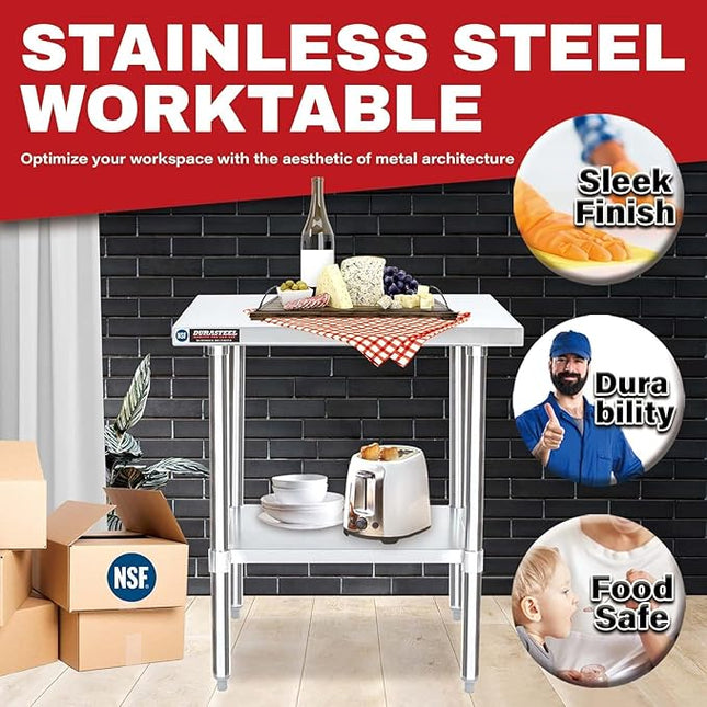 DuraSteel 30x24 Stainless Steel Work Table - NSF Commercial Prep Metal Table - Outdoor Pizza Oven Stand w/Under Shelf - Kitchen Island Laundry Utility Garage Microwave Stand Large Rolling Storage Cart