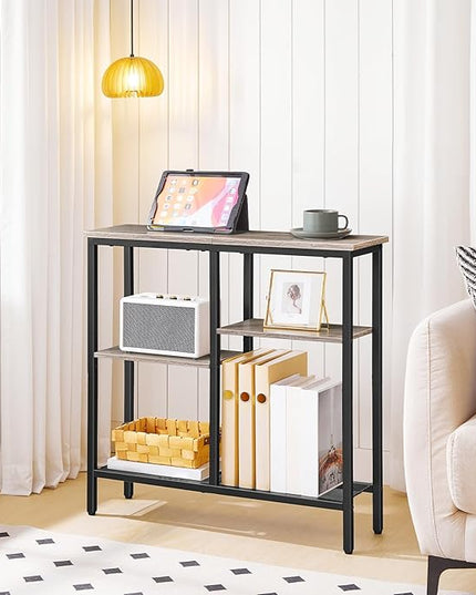 HOOBRO Narrow Console Table, Sofa Table, 4-Tier Industrial Entryway Table with Metal Mesh Shelf, Hallway Table with Adjustable Feet, for Entryway, Living Room, Hallway, Greige and Black BG79XG01