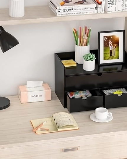 Wisuce Bamboo Desk Organizer - Mini Bamboo Desk Drawer Tabletop Cosmetic Storage Organization for Office or Home Black with Shelf