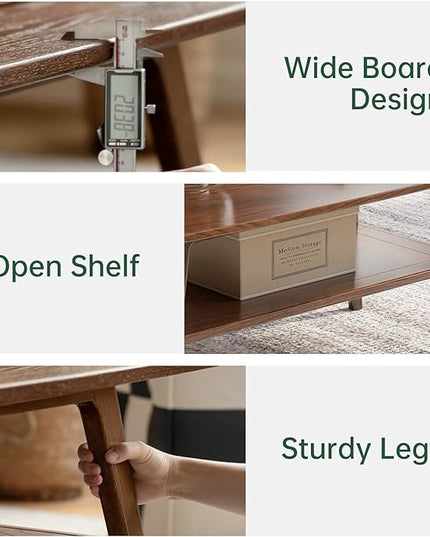 100% Solid Oak Wood Coffee Table for Living Room, 2-Tier Small Table with Storage Shelf, Mid Century Modern Coffee Tables (Walnut, 31.49" x 19.68" x 17.32")