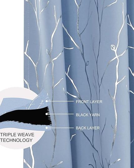 BUHUA Black Out Curtains 72 Inch Long 2 Panels, Soundproof Curtains with Elegant Silver Tree Branches Print, Heat Blocking Curtains for Livingroom, 38W x 72L, Baby Blue
