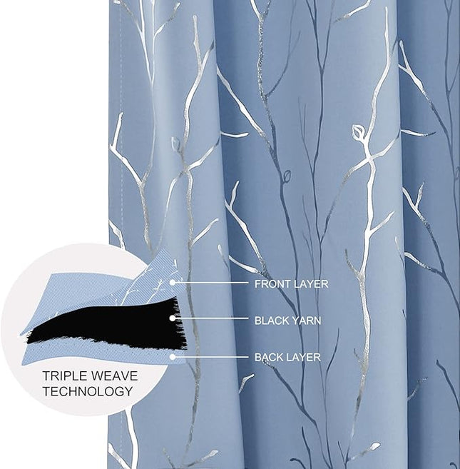 BUHUA Black Out Curtains 84 Inch Long 2 Panels, Soundproof Curtains with Elegant Silver Tree Branches Print, Heat Blocking Curtains for Livingroom, 66W x 84L, Greyish White