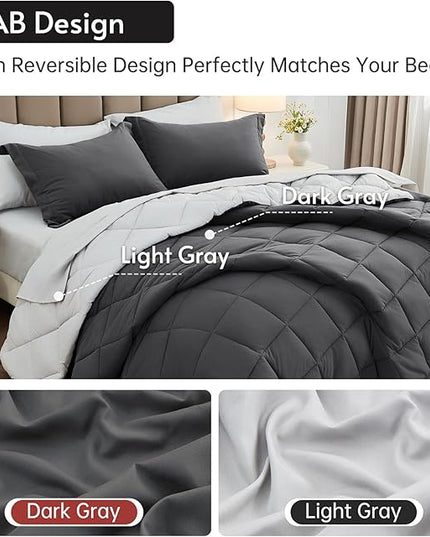 MUXHOMO 7 Pieces California King Comforter Set, Reversible Bed in a Bag Cal King Size, All Season Bedding Set with Comforter, Flat Sheet, Fitted Sheet, Pillowcases & Shams, Dark Grey & Light Grey