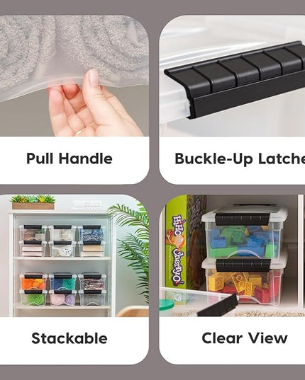 IRIS USA 6 Quart Stackable Plastic Storage Bins with Lids, 3 Pack - BPA-Free, Made in USA - See-Through Organizing Solution, Latches, Durable Nestable Containers, Secure Pull Handle - Clear/Black
