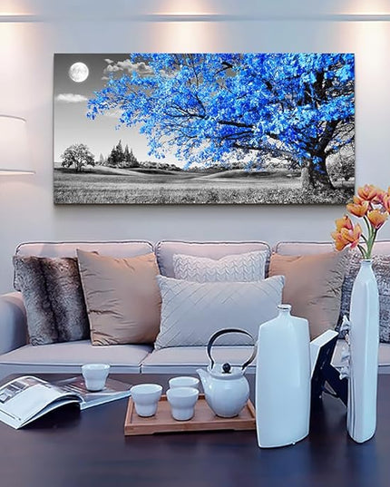 Wapluam Canvas Wall Art For Living Room Modern Wall Decor For Bedroom Black And White Wall Paintings Blue Tree Scenery Pictures Prints Artwork Office Decor Room Aesthetic Home Decor 20" X 40"