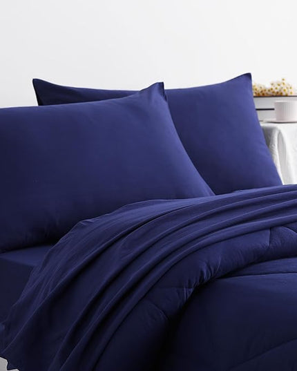 NTBAY Twin Comforter Set with Sheets, 5 Pieces Soft and Breathable Bedding Set, Bed in a Bag, Down Alternative Comforter Set Solid Color All Season, Kids Bedding Set, Navy Blue