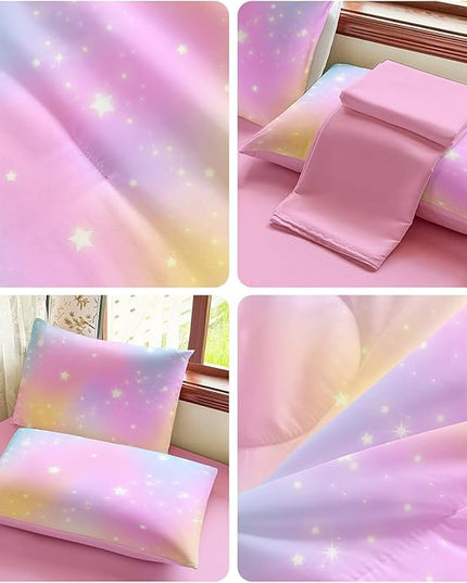 Rainbow Bedding Set Twin Size – 5 Piece Reversible Girls Comforter with Deep-Pocket Sheet, Gradient Galaxy Design, Whole-Piece Filling, Machine Washable Bed-in-a-Bag for Kids Room Makeover & Gifts