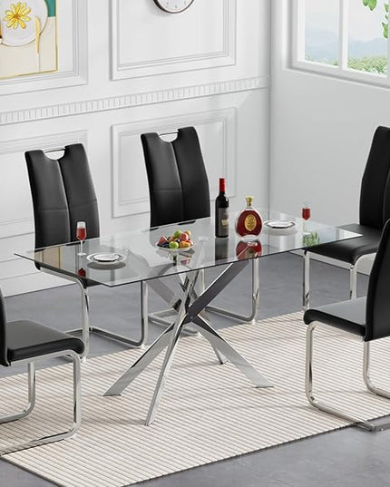 5 Piece Glass Dining Table Set, Glass Kitchen Dining Room Table Set for 4, Modern 51" Rectangular Silver Glass Metal Dining Table with 4 Black Leather Dining Chairs for Kitchen Dining Room