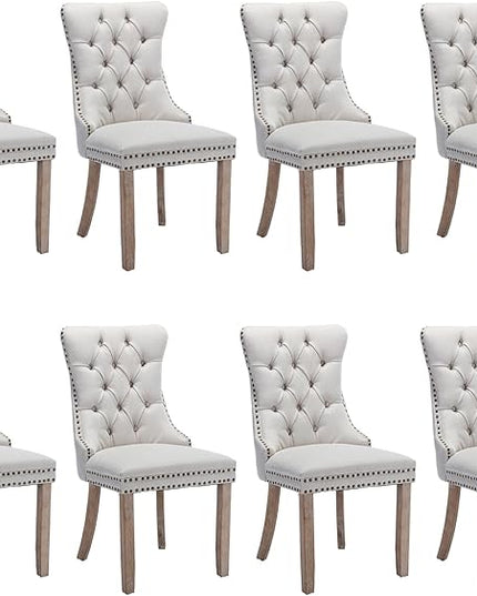 SoarFlash Linen Fabric Dining Chair Set of 8, Upholstered Tufted Dining Room Chair with Nailhead Trim and Solid Light Color Wood Leg for Kitchen(Beige)