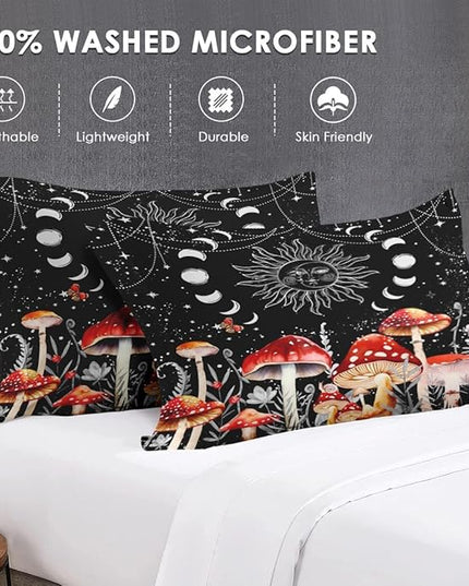 Twin Size Comforter Set with Pillowcase, Sun Moon Boho Mushroom 2 Pcs Bedding for Kids and Adults, Astrology Tarot Witch Soft Comforter Set for Bedroom Bed Decor