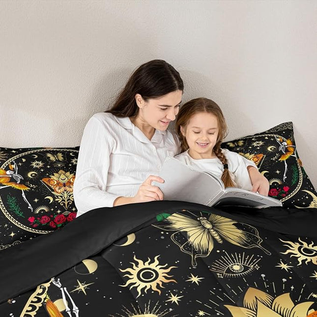 Sun Moon Kids Comforter Set Full Size,Starry Sky Galaxy Trippy Bedding Set,Boys Girls Adults Room Decor,Butterfly Skull Rose Flowers Romantic Down Comforter,Watercolor Duvet Insert,2 Pillowcases