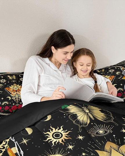 Sun Moon Kids Comforter Set Queen Size,Starry Sky Galaxy Trippy Bedding Set,Boys Girls Adults Room Decor,Butterfly Skull Rose Flowers Romantic Down Comforter,Watercolor Duvet Insert,2 Pillowcases