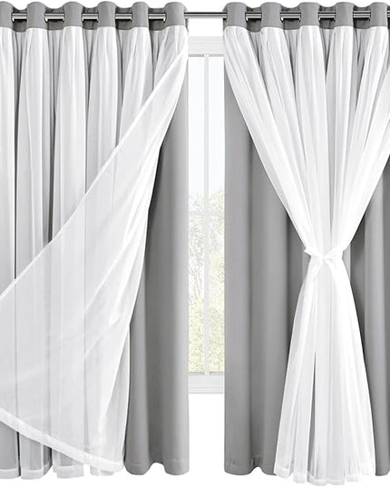 Hiasan Blackout Curtains with Sheer Overlay, Thermal Insulated Privacy Double Layer Mix & Match Window Curtains for Bedroom, Living Room, Dining 2 Drape Panels with Tiebacks, Silver Grey, 70W X 63L