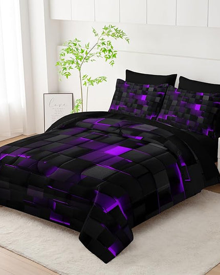 Geometric Violet Black Twin Comforter Set,Light Honeycomb Bedding Set 7 Piece in A Bag,Bed Sheet Set Geometry Decor,Microfiber Lightweight All Season