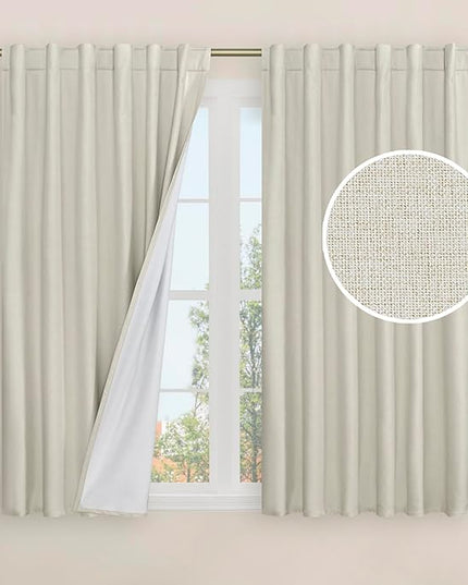 LAMIT 100% Blackout Linen Curtains 45 Inch Length for Bedroom, Linen Textured Thermal Kitchen Curtains Back Tab and Rod Pocket Window Panels with White Liner, 2 Panels, 52 x 45 Inch, Stone