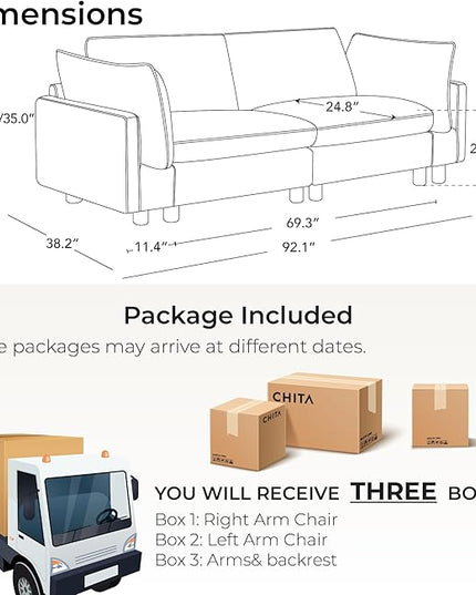 CHITA 92" Super Large Sectional Couches for Living Room, Modular Cloud Couch Sectional Sofa, Premium Fabric Couches, Down Filled, High Density Foam, Chenille in Green, 2 Seater Loveseat