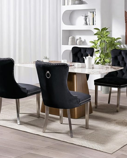 SoarFlash Velvet Dining Chair Set of 4, Upholstered Tufted Dining Room Chair with Nailhead Trim, Solid Silver Plated Leg for Kitchen (Black)