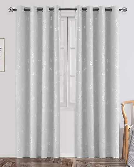 BUHUA White Blackout Curtains 84 Inches Long, Darkening Curtains for Bedroom Window Curtain Panels with Leaf Pattern (52 x 84 Inch,Greyish White,2 Panels)