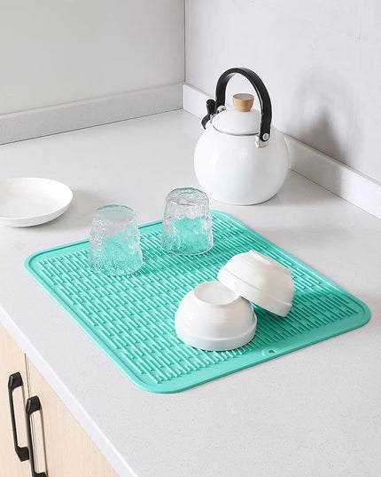 Silicone Dish Drying Mat for Multiple Usage,Easy clean,Eco-friendly,Heat-resistant Silicone Mat for Kitchen Counter or Sink,Refrigerator or Drawer Liner Mint XL 18 inches x 16 inches