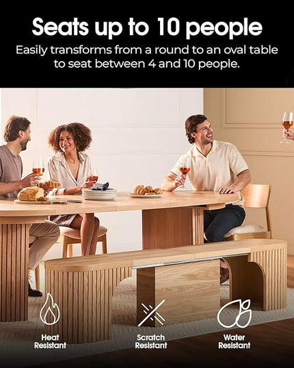 Transformer Table - Solid Wood Extendable Round Dining Table Set with Bench and 4 Chairs, Seats 4-10, Extendable Round Dining Set, Scandinavian Oak, Natural Finish (Table + Bench + 4 Chairs)