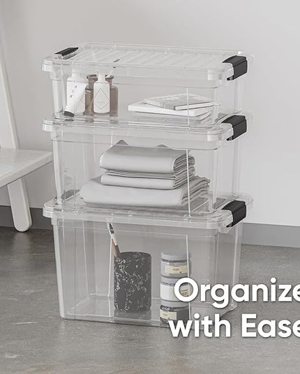Superio Clear Storage Boxes with Lids, 4.75 Quart Plastic Container Bins for Organizing, Stackable Crates, BPA Free, Non Toxic, Odor Free, Organizers for Home, Office, School, and Dorm