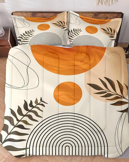 Full Size Comforter Set with 2 Pillowcases, Contemporary Mid Century Geometric 3 Pcs Bedding for Kids and Adults, Boho Rainbow Sun Soft Comforter Set for Bedroom Bed Decor