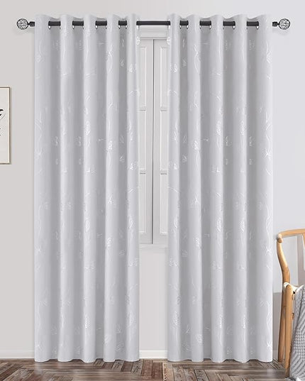 BUHUA Wave Silver Leaf Print Blackout Curtains for Living Room Darkening Curtains Light Blocking Curtains for Bedroom 66W×63L Greyish White 2 Panels
