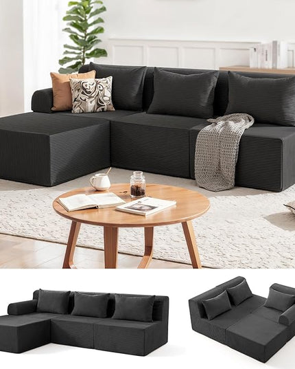 93" Sectional Couches for Living Room, Modular Sectional Sofa, Cloud Couch with L-Shape Chaise, Boneless Couches, Comfy Corduroy Fluffy Couch with Deep Seat, No Assembly Required, Black