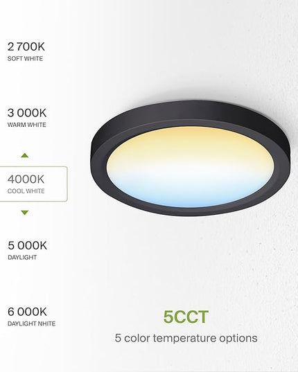 ASD LED 7" Round Flush Mount Ceiling Light Fixture, Low Profile Surface Lighting | 5CCT, Dimmable, Ultra-Thin, ETL Listed | 15W 1260LM 2700-6000K 120V | Kitchen, Bedroom, Hallway Lamp | Black, 12 Pack