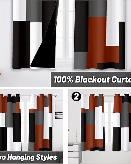 Burnt Orange 100% Blackout Curtains for Bedroom 45 inch Length 2 Panels Set White Grey Modern Abstract Geometric Fall Black Out Curtains Insulated Room Darkening Small Window Curtains, 42Wx45L