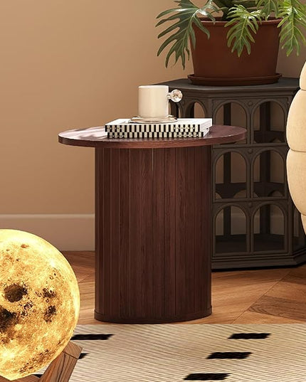 COSVALVE Round Wood Fluted End Table, 15.7“ Circle Farmhouse Side Table Sets for Living Room, Bedroom, Balcony, Small Spaces, Walnut
