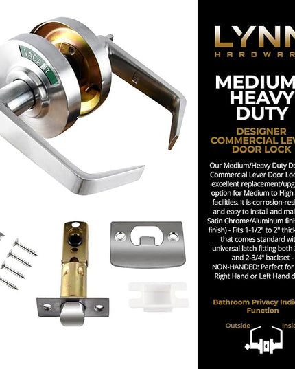 LYNN HARDWARE Medium/Heavy Duty Designer Commercial Lever Door Lock - Bathroom Privacy w/Door Indicator, Restroom Door Knob, Commercial Door Handle, Bathroom Lock, Occupied Door Handle, Satin Chrome