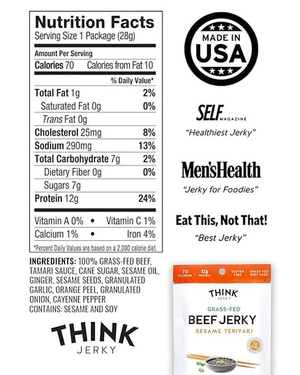 Think Jerky Sesame Teriyaki Beef Jerky, Grass-Fed High Protein Beef, Gluten Free, No Antibiotics or Nitrates, Healthy Chef Crafted Recipe, Low Calorie and Low Fat - 1.0 oz Bags, 12 Pack