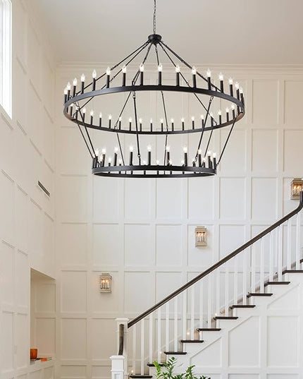 Wagon Wheel Chandelier Farmhouse 2 Tier 64-Light 70-Inch, Black Industrial Chandelier Rustic Candle Pendant Light Fixture Extra Large for High Ceilings, Dining Room, Living Room, Foyer, E12