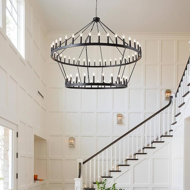 Wagon Wheel Chandelier Farmhouse 2 Tier 64-Light 70-Inch, Black Industrial Chandelier Rustic Candle Pendant Light Fixture Extra Large for High Ceilings, Dining Room, Living Room, Foyer, E12